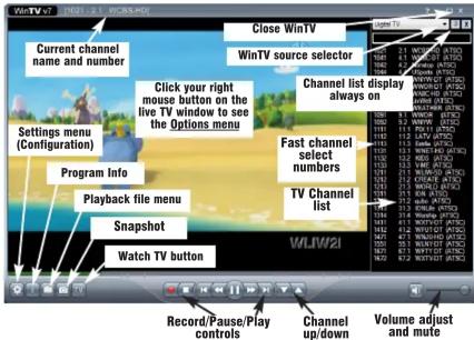 WinTV v7 2021 - 2.1 (COM/SHO) Current channel name and number Settings menu (Configuration) Program Info Playback file menu Snapshot Watch TV button Close WinTV WinTV source selector Click your right mouse button on the live TV window to see the Options menu Channel list display always on Fast channel select numbers TV Channel list WLLV21 Record/Pause/Play controls Channel up/down Volume adjust and mute