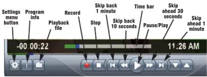 Settings menu button Program info Playback file Record Stop Skip back 1 minute Skip back 10 seconds Time bar Pause/Play Skip ahead 30 seconds Skip ahead 1 minute -00 00:22 11.26 AM