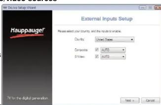 Delaware Setup Wizard Hauppauge! External Inputs Setup Please select your custom and the inputs to enable. Opacity: Under Speed Composite: ULTO S-Values: ULTO Next > Cancel TV for the digital generation