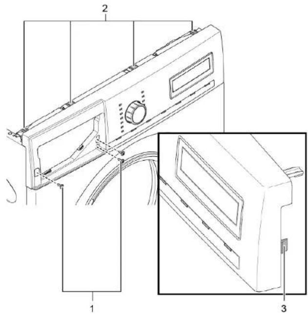 Technical diagram of a washing machine with labeled parts and exploded view