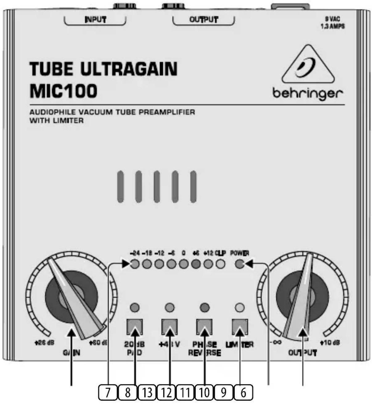 TUBE ULTRAGAIN MIC100 Audiophile VACUUM TUBE PREAMPLIFIER WITH LIMITER 8 VAC 1.3 AMPS behringer +26 dB G/IN +50 dB -24 -18 -12 -6 0 +6 +12 CLP POWER 20 dB P/D +4 V PH/SE REV RSE UM TER -∞ +10 dB OUTPUT 7 8 13 12 11 10 9 6
