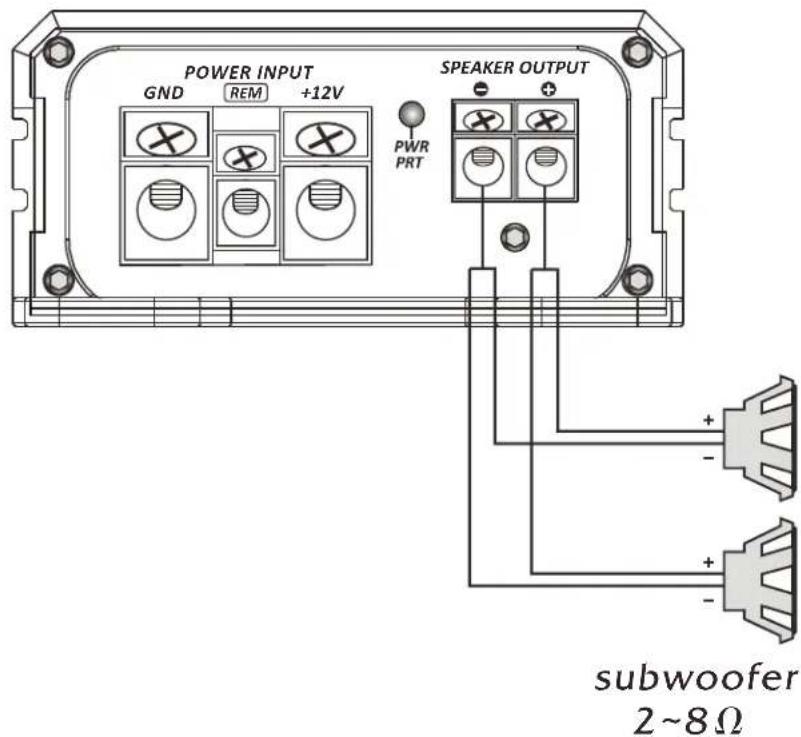 POWER INPUT GND REM +12V SPEAKER OUTPUT PWR PRT subwoofer 2~8Ω