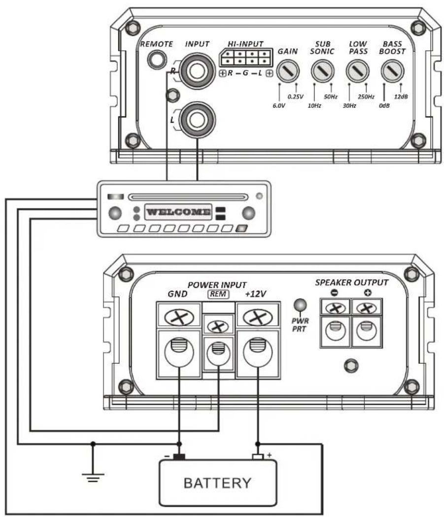 REMOTE INPUT HI-INPUT GAIN SUB SONIC LOW PASS BASS BOOST 6.0V 0.25V 10Hz 50Hz 30Hz 250Hz 0dB 12dB WELCOME POWER INPUT SPEAKER OUTPUT GND REM +12V PWR PRT BATTERY