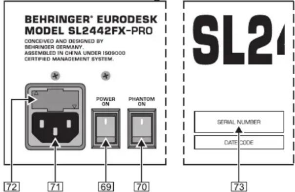 BEHRINGER® EURODESK MODEL SL2442FX-PRO CONCEIVED AND DESIGNED BY BEHRINGER GERMANY. ASSEMBLED IN CHINA UNDER ISO9000 CERTIFIED MANAGEMENT SYSTEM. POWER ON PHANTOM ON 72 71 69 70 SL21 SERIAL NUMBER DATE CODE 73
