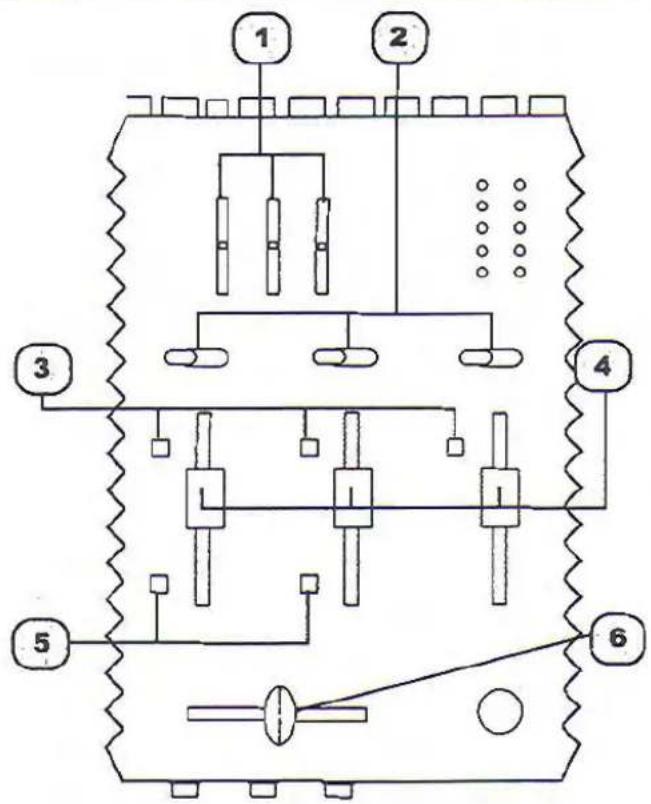 Technical schematic diagram of a mechanical or electrical component with numbered parts labeled 1 through 6.