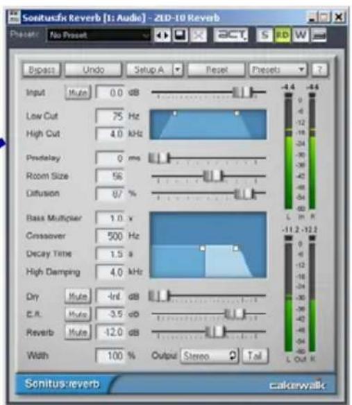 Sonitusfx: Reverb [1: Audio] - ZLD-10 Reverb Preset: No Preset Bipact Undo Setup A Reset Presets 7 Input Hute 0.0 dB Low Cut 75 Hz High Cut 4.0 kHz Prestelay 0 ms Room Size 56 Diffusion 87 % Bass Multiplier 1.0 x Crossover 500 Hz Decay Time 1.5 s High Damping 4.0 kHz Dry Hute -Inf dB E.R. Hute -3.5 dB Reverb Hute -12.0 dB Width 100 % Output Stereo Tail Sonitus:reverb calkerywalk