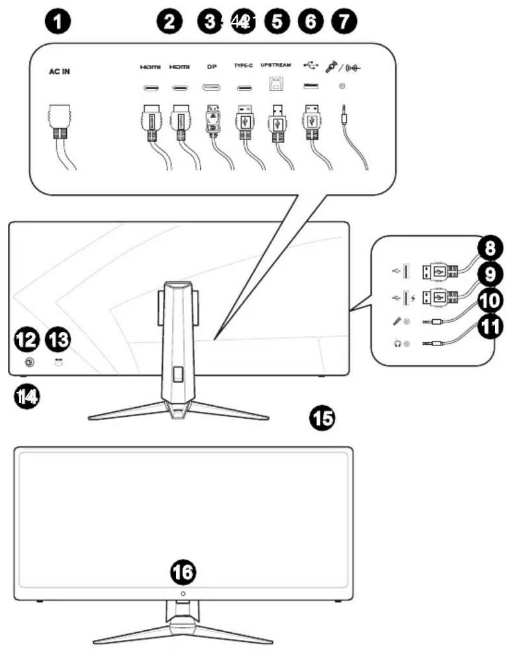 1 2 3 4 5 6 7 AC IN HDMI HOME DP TYPE-C UPSTREAM 12 13 14 15 8 9 10 11 16