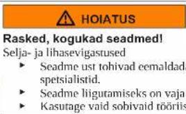 HOIATUS Rasked, kogukad seadmed! Selja- ja lihasevigastused ► Seadme ust tohivad eemaldad spetsialistid. ► Seadme liigutamiseks on vaja ► Kasutage vaid sobivaid tööriis