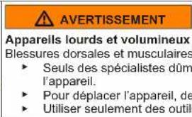 AVERTISSEMENT Apparells lourds et volumineux Blessures dorsales et musculaires ► Seuls des spécialistes dûm l'appareil. ► Pour déplacer l'appareil, de ► Utiliser seulement des outil