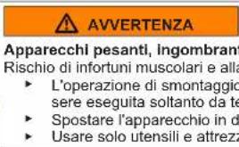 AVVERTENZA Apparecchi pesanti, Ingombranti Rischio di infortuni muscolari e alla ► L'operazione di smontaggio sere eseguita soltanto da te ► Spostare l'apparecchio in d ► Usare solo utensili e attreza