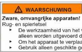 WAARSCHUWING Zware, omvangrijke apparaten! Rug- en spierletsel ► De werkzaamheid van het v alleen worden uitgevoerd d ► Om het apparaat te verpla ► Gebruik alleen geschikte ge