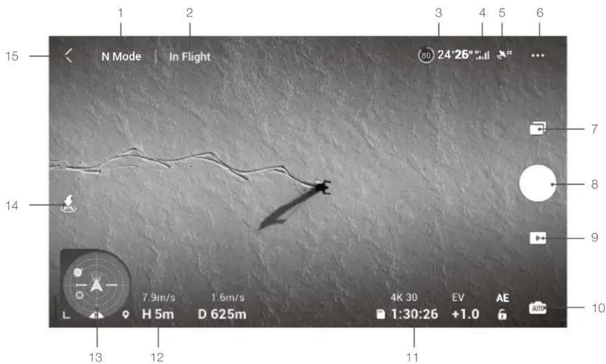 1 2 3 4 5 6 15 N Mode In Flight 80 24'26" 60 20 ... 14 7 8 9 10 13 12 11 7.9m/s 1.6m/s 4K 30 EV AE H 5m D 625m 1:30:26 +1.0 AUTO