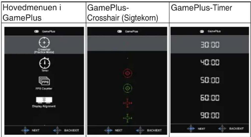 Hovedmenuen i GamePlus GamePlus- Crosshair (Sigtekorn) GamePlus-Timer GamePlus 30:00 40:00 50:00 60:00 90:00 NEXT BACKEXIT NEXT BACKEXIT NEXT BACKEXIT
