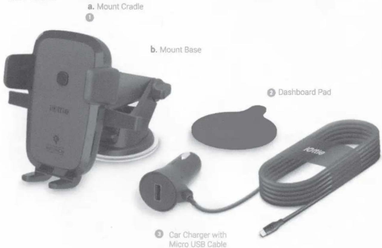 a. Mount Cradle b. Mount Base 2 Dashboard Pad 3 Car Charger with Micro USB Cable