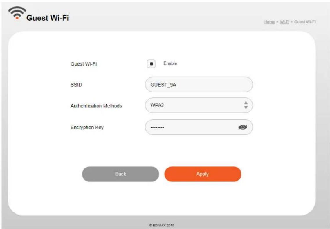 Guest Wi-Fi Home > Wi-Fi > Guest Wi-Fi Guest Wi-Fi Enable SSID GUEST_9A Authentication Methods WPA2 Encryption Key .......... Back Apply © EDIMAX 2010