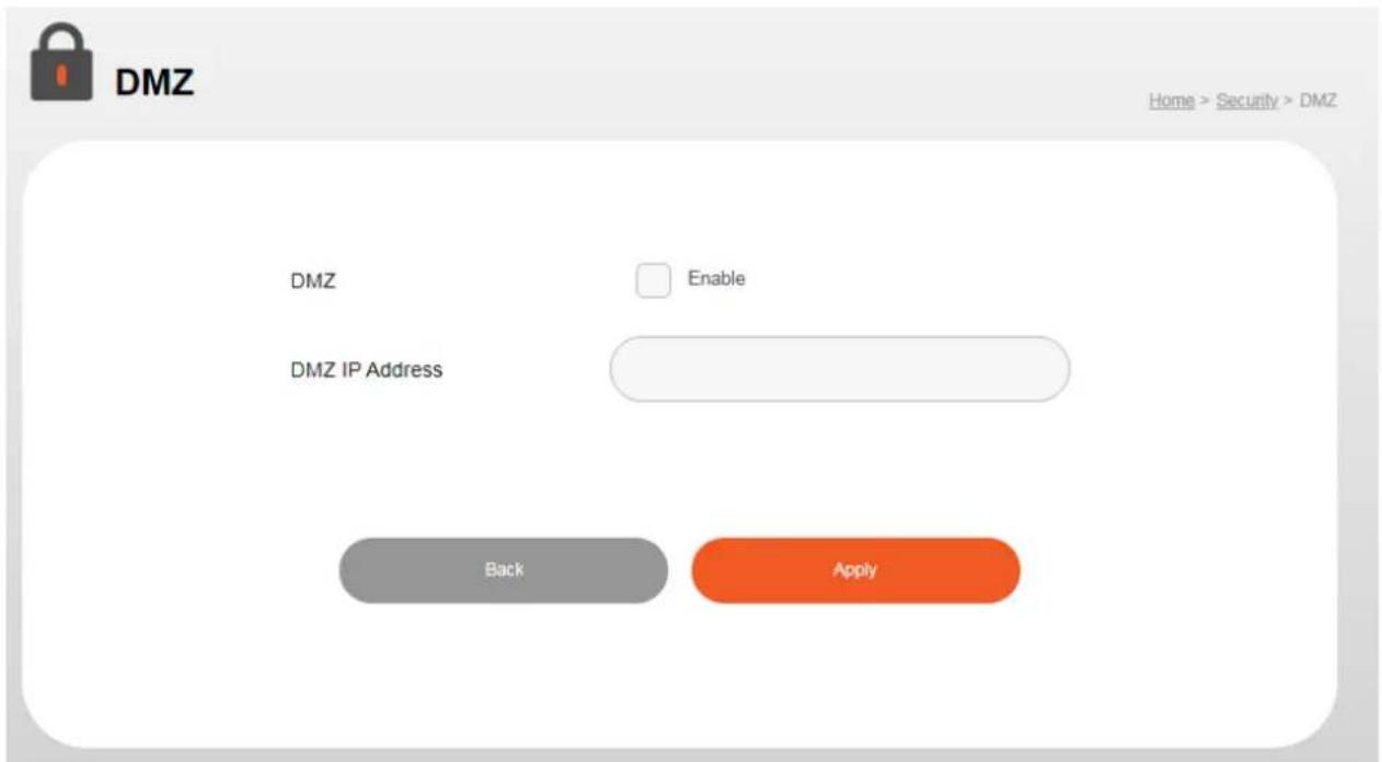 DMZ Home > Security > DMZ DMZ Enable DMZ IP Address Back Apply