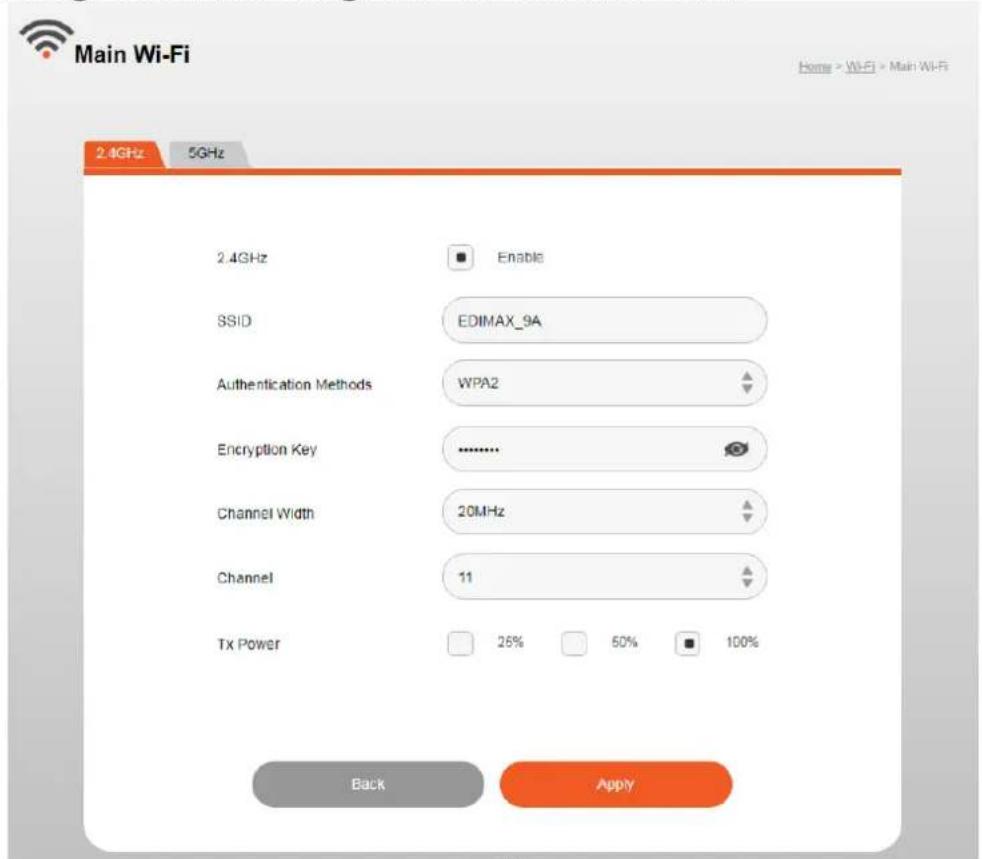 Main Wi-Fi Home > WiFi > Main Wi-Fi 2.4GHz 5GHz 2.4GHz Enable SSID EDIMAX_9A Authentication Methods WPA2 Encryption Key .......... Channel Width 20MHz Channel 11 Tx Power 26% 50% 100% Back Apply