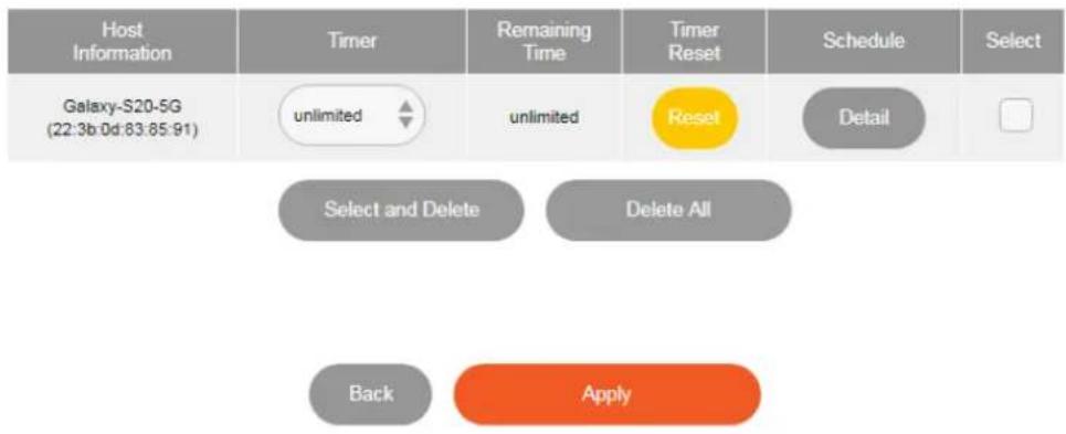 Host Information Timer Remaining Time Timer Reset Schedule Select Galaxy-S20-5G (unlimited) unlimited Reset Detail Select and Delete Delete All Back Apply