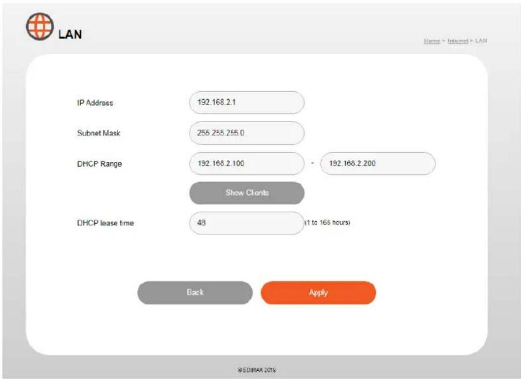 LAN Home - Internal > LAN IP Address 192.168.2.1 Subnet Mask 255.255.255.0 DHCP Range 192.168.2.100 - 192.168.2.200 Show Clients DHCP lease time 43 (1 to 168 hours) Back Apply ©EDIMAX 2019