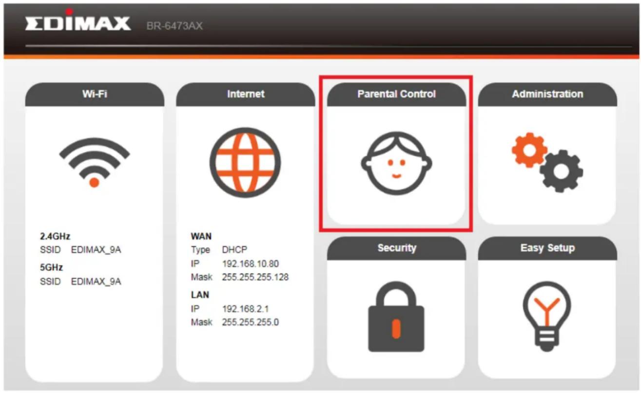 EDIMAX BR-6473AX Wi-Fi Internet Parental Control Administration 2.4GHz WAN Security Easy Setup SSID EDIMAX_9A WAN Type DHCP IP 192.168.10.80 Mask 255.255.255.128 LAN IP 192.168.2.1 Mask 255.255.255.0