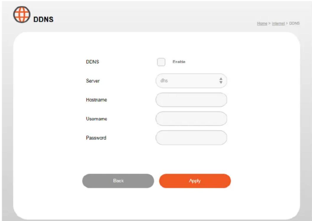 DDNS Home > Internet > DONS DDNS Enable Server dhs Hostname Username Password Back Apply