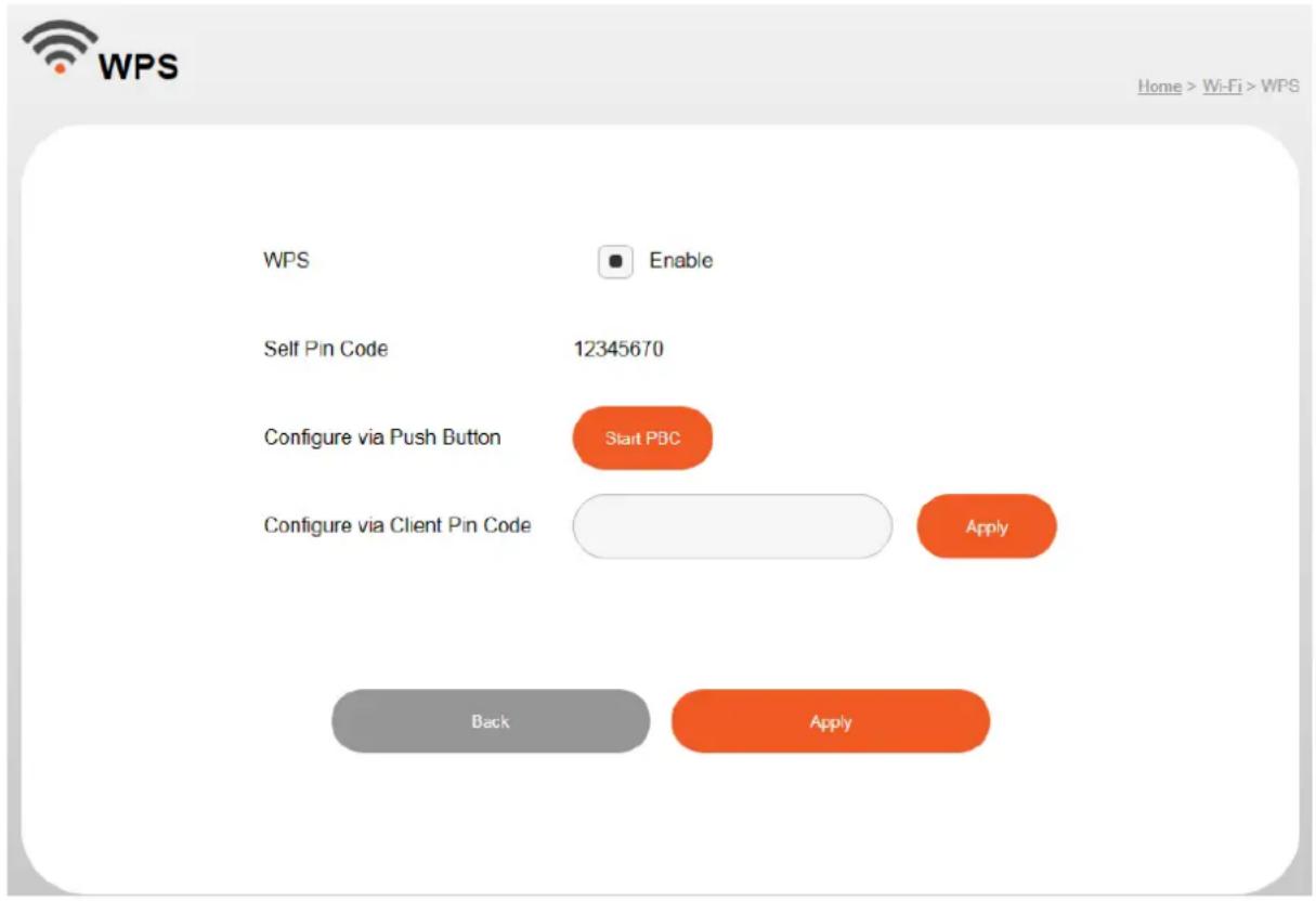 WPS Home > Wi-Fi > WPS WPS Enable Self Pin Code 12345670 Configure via Push Button Start PBC Configure via Client Pin Code Apply Back Apply
