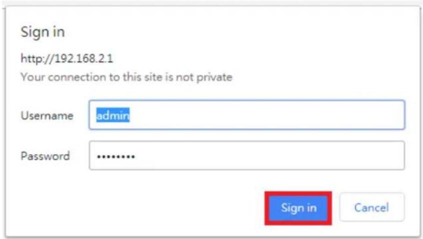 Sign in http://192.168.2.1 Your connection to this site is not private Username admin Password .......... Sign in Cancel