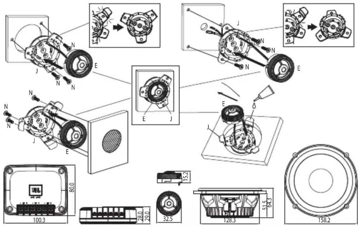 Technical diagram showing motor assembly and component layout with labeled parts and dimensions