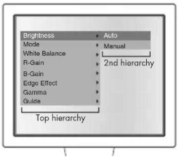 Brightness Mode White Balance R-Gain B-Gain Edge Effect Gamma Guide Top hierarchy Auto Manual 2nd hierarchy