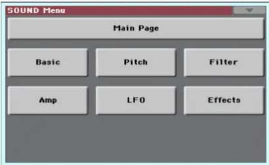 SOUND Menu Main Page Basic Pitch Filter Amp LFO Effects
