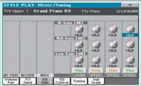 STYLE PLAY: Mixer/Tuning Trk:Upper 1 Grand Piano RX Fty:Piano 121.010.000 Hi Gain [dB] +0.0 +0.0 +0.0 +0.0 Mid Gain [dB] +0.0 +0.0 +0.0 +0.0 Low Gain [dB] +0.0 +0.0 +0.0 +0.0 Play Nute Nute Play DR/PERC ACCOMP BASS LOWER UPPER3 UPPER2 UPPER1 Volume Pan FX Send EQ Gain EQ Control Tuning Sub Scale