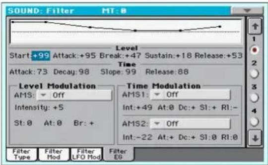 SOUND: Filter MT:8 Start:+99 Attack:+95 Break:+47 Sustain:+18 Release:+53 Attack: 73 Decay: 98 Slope: 99 Release: 88 Level Modulation AMS: ▼ Off Intensity: +5 St:0 At:0 Br:+ Time Modulation AMS1: ▼ Off Int:+49 At:0 Dc:+ S1:+ R1:- AMS2: ▼ Off Int:-22 At:+ Dc:+ S1:0 R1:0 Filter Filter Filter Filter Type Mod LFO Mod E6