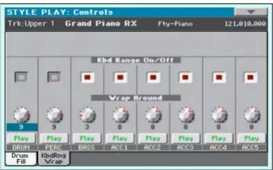 STYLE PLAY: Controls Trk:Upper 1 Grand Piano RX Fty-Piano 121.010.000 Kbd Range On/Off Wrap Around 9 3 8 8 8 8 Play Play Play Play Play Play Play Play DRUM PERC BRS5 ACC1 ACC2 ACC3 ACC4 ACC5 Drum Fill KbdRing Wrap
