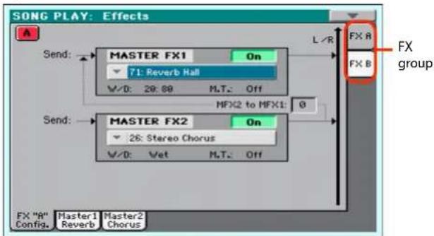 SONG PLAY: Effects Send: MASTER FX1 On 71: Reverb Hall V/D: 29.08 M.T.: Off MFX2 to MFX1: 0 Send: MASTER FX2 On 26: Stereo Chorus V/D: Vet M.T.: Off FX "A" Config. Master1 Master2 Reverb Chorus L/R FX B FX group