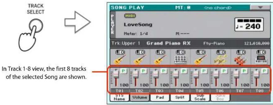 TRACK SELECT SONG PLAY MT: 0 PLAYER MID LoveSong J = 240 Meter: 1/4 M:--- Trk:Upper 1 Grand Piano RX Fty-Piano 121.010.000 In Track 1-8 view, the first 8 tracks of the selected Song are shown. T01 T02 T03 T04 T05 T06 T07 T08 STS Volume Pad Split Sub Scale Juke Box Name Name