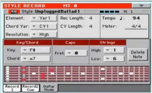 STYLE RECORD MT: 0 Style: UnpluggedBallad1 Element: ▼ Var1 Rec Length: 4 Tempo J: 94 Chord Var: ▼ CY1 CY Length: 4 Meter: 4/4 Resolution: ▼ High Key/Chord Capo Strings Key: ▼ F# Fret: ▼ 8 High: ▼ 1 Chord: ▼ m7 Low: ▼ 6 Delete Note Record2 Record1 Cue Guitar Mode