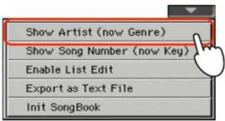 Show Artist (now Genre) Show Song Number (now Key) Enable List Edit Export as Text File Init SongBook