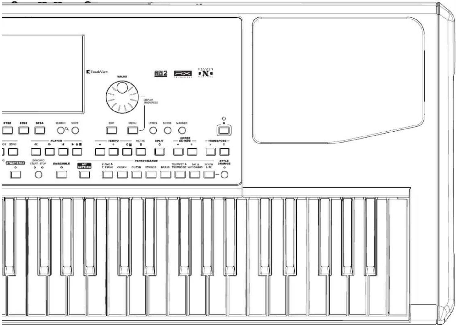 TouchView VALUE DISPLAY BRANCHNESS STB2 STB3 STB4 SEARCH SHIFT EXIT MENU LYRICS SCORE MARKER XOK SONG PLAYER TEMPO METRO SPLIT UPPES START STOP SYNCHRO START STOP ENSEMBLE MY SETTING PERFORMANCE TRUMPET & SAX & E. PING ORGAN GUITAR STRINGS BRASS TROMBONE WOOD/WIND SYNTH & FX STYLE CHANGE