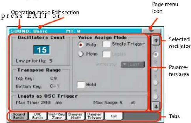 Operating mode Edit section press EXIT or Page menu icon SOUND: Basic MT: 0 Oscillators Count 15 Low priority: 5 Transpose Range Top Key: C9 Bottom Key: C-1 Voice Assign Mode Poly Single Trigger Mono Legate Priority Last Hold Legato as OSC Trigger Max Time: 200 ms Max Range: 5 st Selected oscillator Parameters area Sound Basic OSC Basic Vel/Key Zone Damper Mode Damper Trigger EQ Tabs