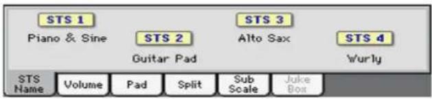 STS 1 Piano & Sine STS 2 Guitar Pad STS 3 Alto Sax Wurly STS 4 Wurly STS Name Volume Pad Split Sub Scale Juke Box