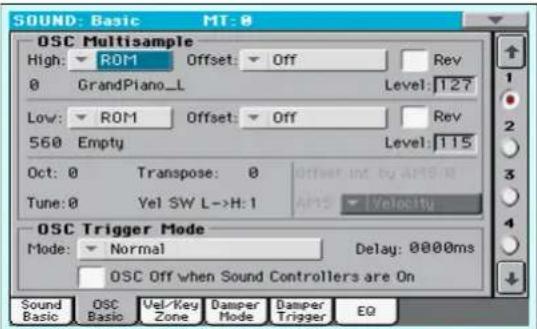 SOUND: Basic MT: 0 OSC Multisample High: ROM Offset: Off Rev 0 GrandPiano_L Level:127 Low: ROM Offset: Off Rev 560 Empty Level:115 Oct: 0 Transpose: 0 offset int by AMPS Tune: 0 Yel SW L->H:1 Amps | Velocity OSC Trigger Mode Mode: Normal Delay: 0000ms OSC Off when Sound Controllers are On Sound Basic OSC Vel-Key Damper Damper EQ