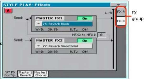 STYLE PLAY: Effects Send: MASTER FX1 On 75: Reverb Room V/0: 38:78 M.T.: Off MFX2 to MFX1: 0 Send: MASTER FX2 On 72: Reverb SmoothHall V/0: 28:88 M.T.: Off L/R FX A FX B FX group "A" FX Config. Master1 Master2 Reverb Chorus