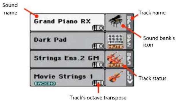 Sound name Grand Piano RX Track name UP 1 Sound bank's icon Dark Pad MUTE UP 2 Strings Ens.2 GM UP 3 MUTE Track status Movie Strings 1 EACKING LOV Track's octave transpose