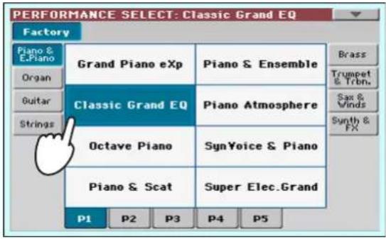 PERFORMANCE SELECT: Classic Grand EQ Factory Piano & E.Piano Organ Buitar Strings Grand Piano eXp Classic Grand EQ Piano & Ensemble Piano Atmosphere Octave Piano SynVoice & Piano Piano & Scat Super Elec.Grand P1 P2 P3 P4 P5 Brass Trumpet & Trbn. Sax & Winds Synth & FX