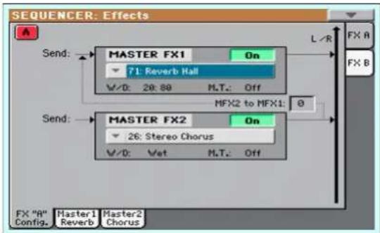 SEQUENCER: Effects Send: MASTER FX1 On F1: Reverb Hall V/0: 20: 80 M.T.: Off MFX2 to MFX1: 0 Send: MASTER FX2 On 26: Stereo Chorus V/0: Vet M.T.: Off FX "A" Master1 Master2 Config. Reverb Chorus