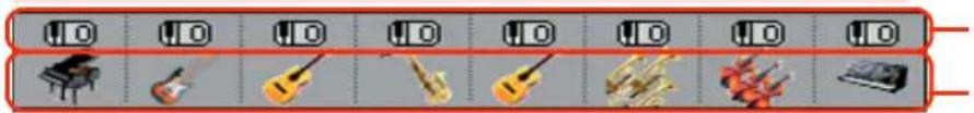 Screenshot of a music player control interface with musical instrument icons and playback controls