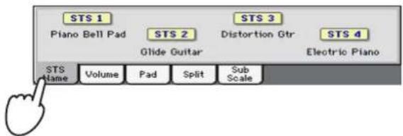 STS 1 Piano Bell Pad STS 2 Glide Guitar STS 3 Distortion Gtr STS 4 Electric Piano STS Name Volume Pad Split Sub Scale