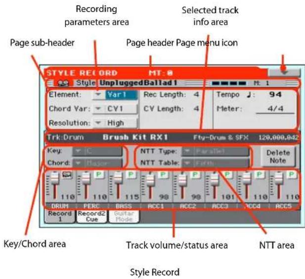 Recording parameters area Selected track info area Page sub-header Page header Page menu icon STYLE RECORD MT:0 Style UnpluggedBallad1 Element: Var1 Rec Length: 4 Tempo : 94 Chord Var: CV1 CV Length: 4 Meter: 4/4 Resolution: High Trk:Drum Brush Kit RX1 Fty-Drus & SFX 120,000,042 Key: IC NTT Type: Parallel Delete Chord: Major NTT Table: Earth Note 110 P P P P P P DRUM PERC BASS ACC1 ACC2 ACC3 ACC4 ACC5 Record 1 Record2 Cue Guitar Mode Track volume/status area NTT area Style Record
