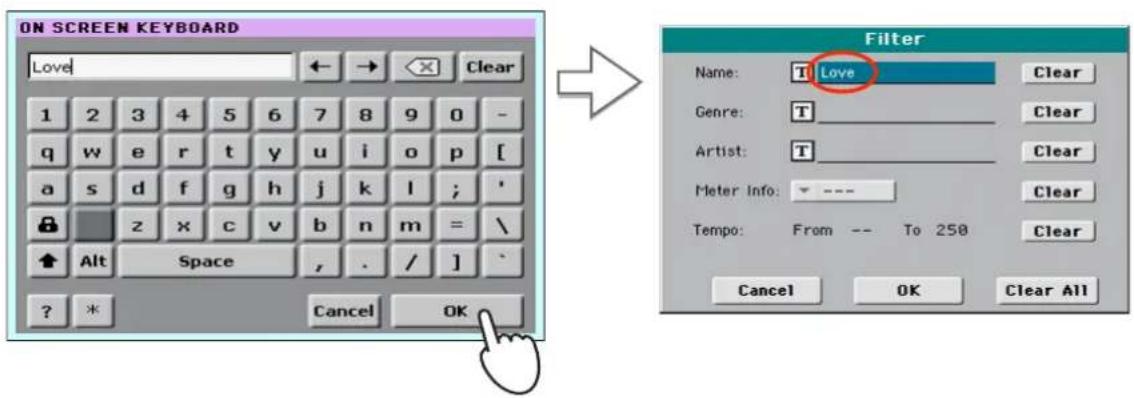 ON SCREEN KEYBOARD Love 1 2 3 4 5 6 7 8 9 0 - q w e r t y u i o p [ a s d f g h j k l ; ✓ z x c v b n m = \ ↑ Alt Space , . / ] ? * Cancel OK Filter Name: T Love Clear Genre: T Clear Artist: T Clear Meter Info: --- Clear Tempo: From -- To 258 Clear Cancel OK Clear All
