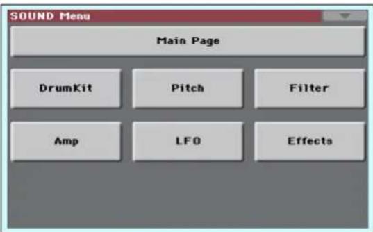 SOUND Menu Main Page DrumKit Pitch Filter Amp LFO Effects